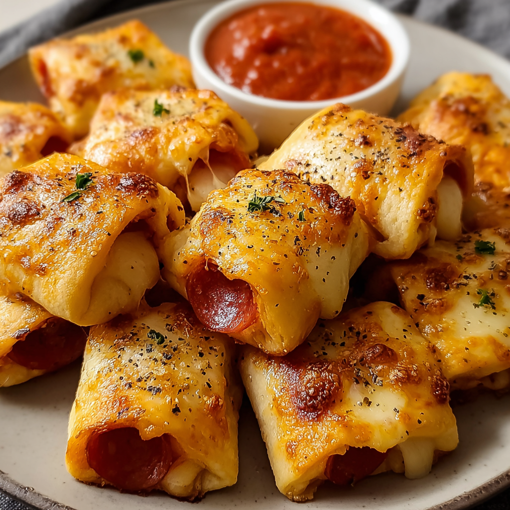 A plate of cheesy pepperoni pizza rolls.