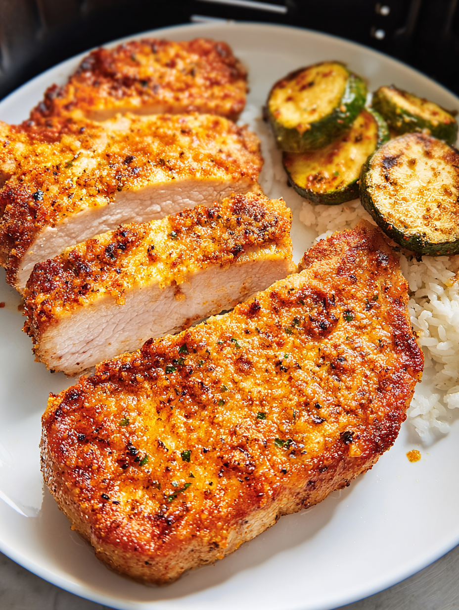 A plate of pork chops cooked in an air fryer.