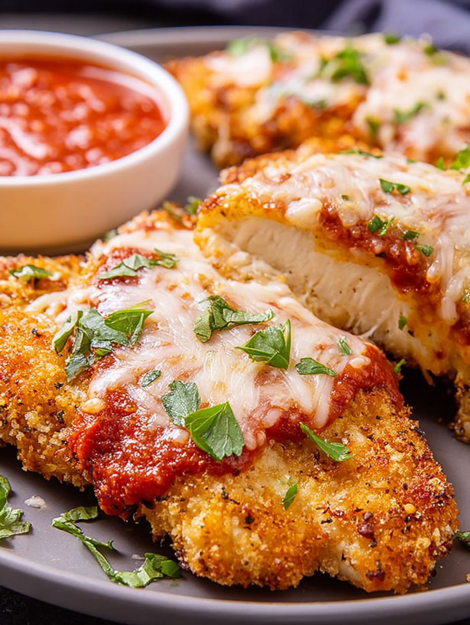 Air fryer chicken parmesan with marinara sauce.