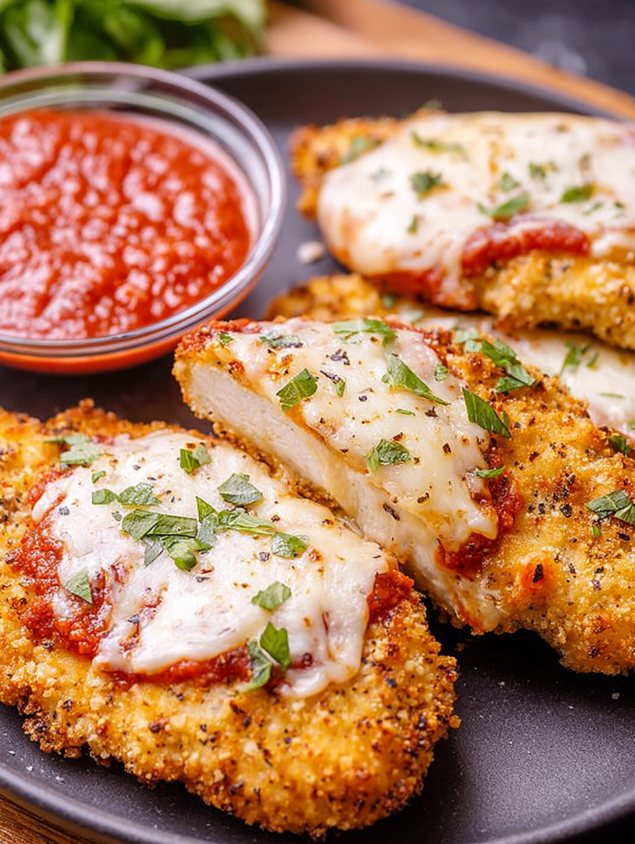 Air fryer chicken parmesan with marinara sauce.