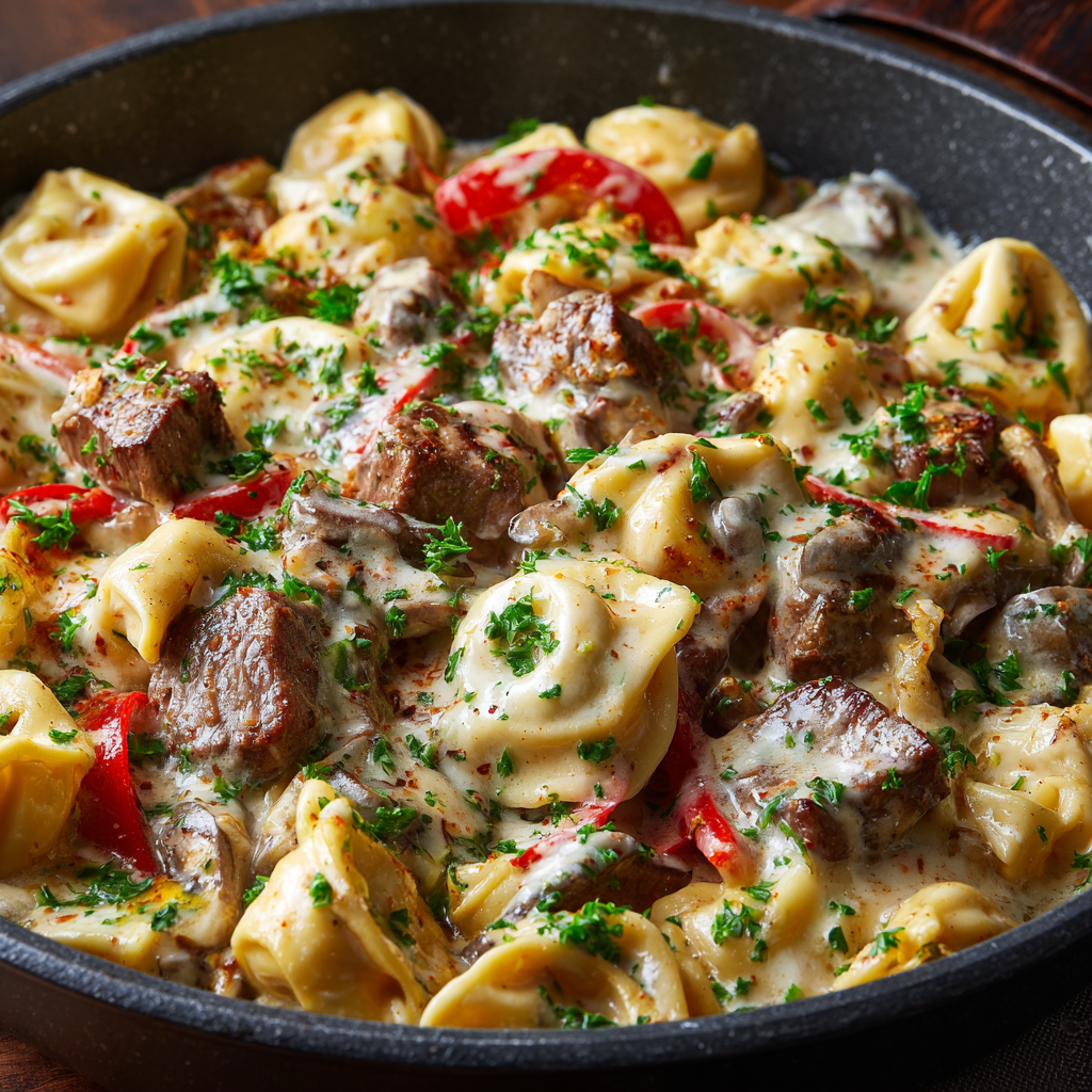 A delicious creamy cheesesteak tortellini dish.