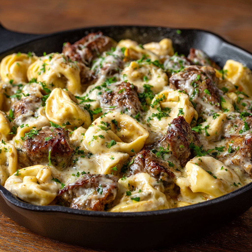 A delicious creamy cheesesteak tortellini dish.