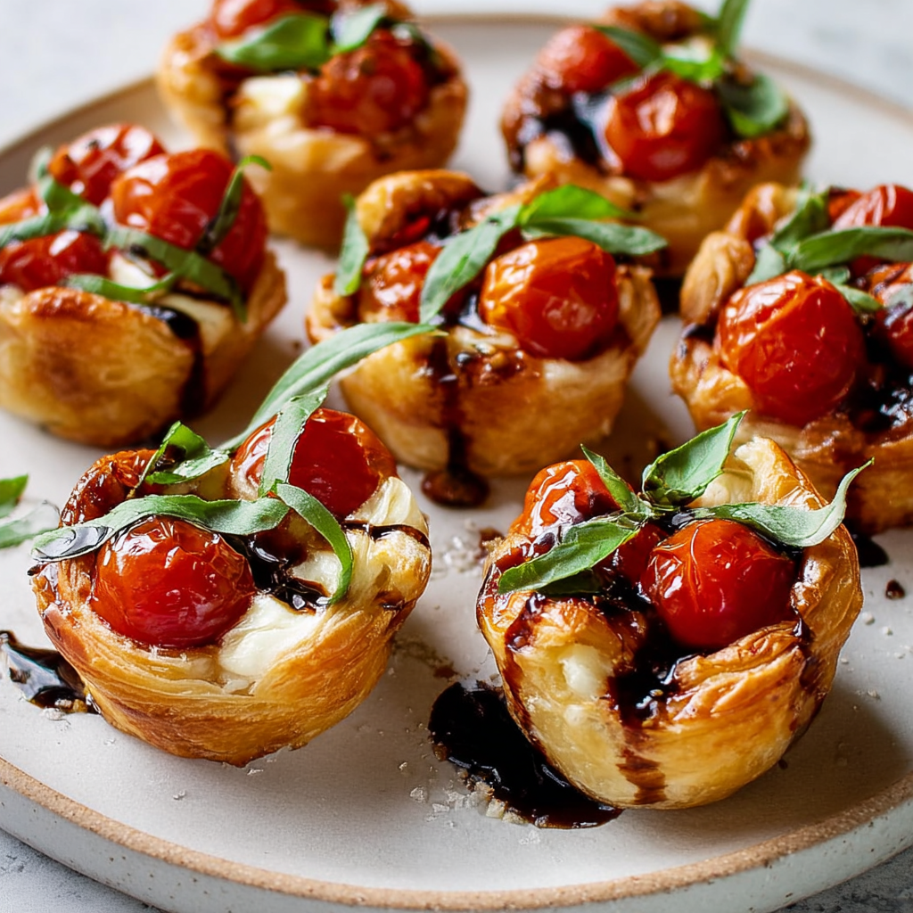 Baked Caprese Bites with tomatoes and basil.