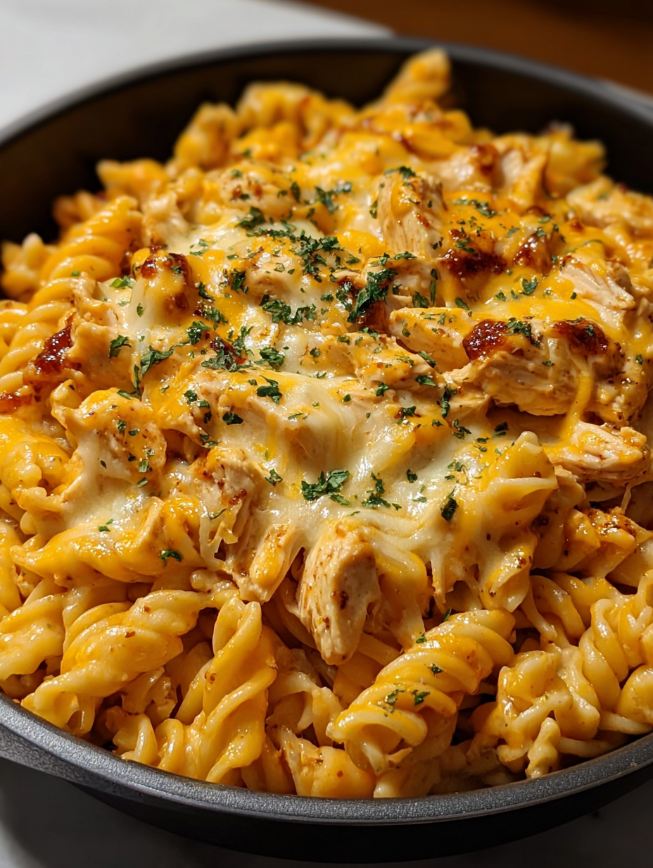 A dish of pasta with chicken and cheese.