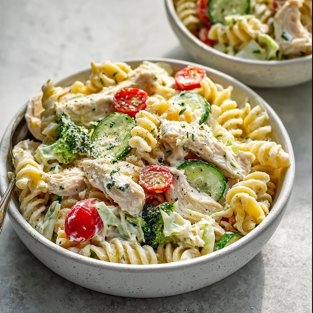 A bowl of pasta salad with chicken, broccoli, and tomatoes.
