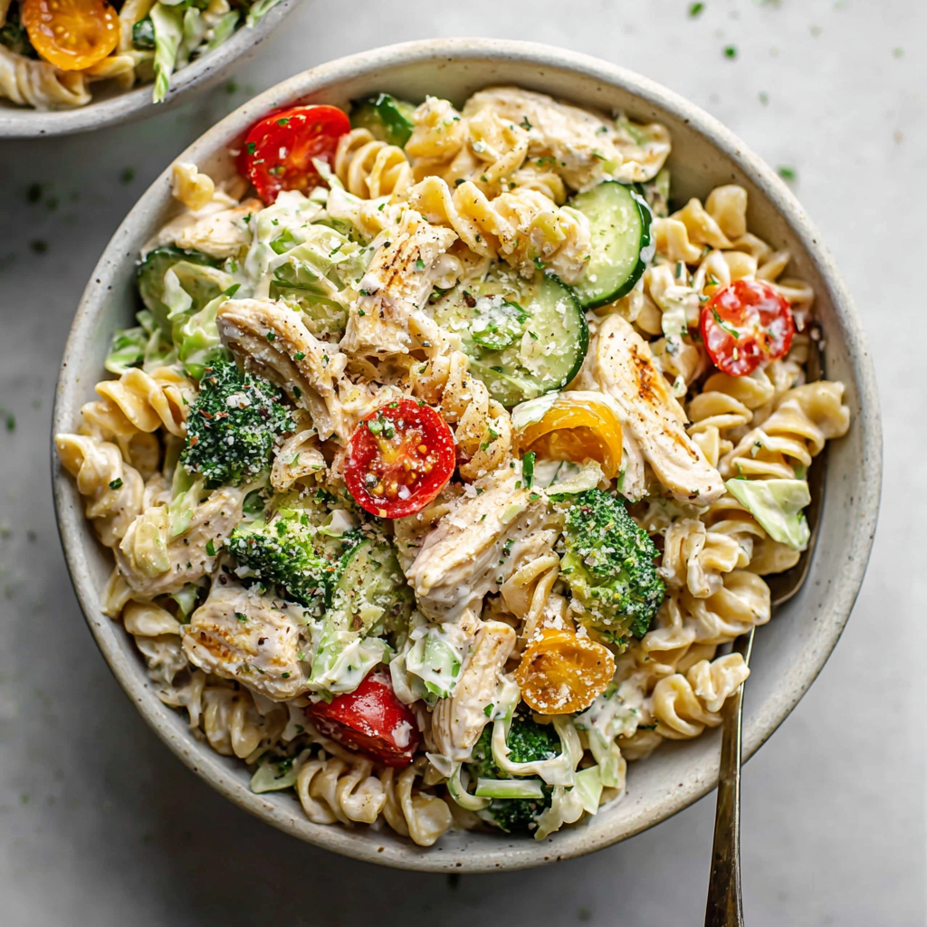 A bowl of pasta salad with chicken, tomatoes, and broccoli.