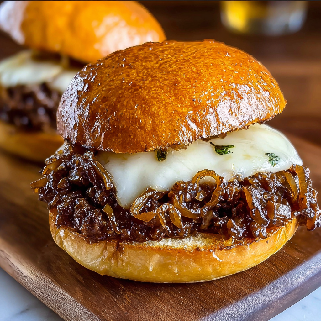 A close up of a sloppy joe sandwich.