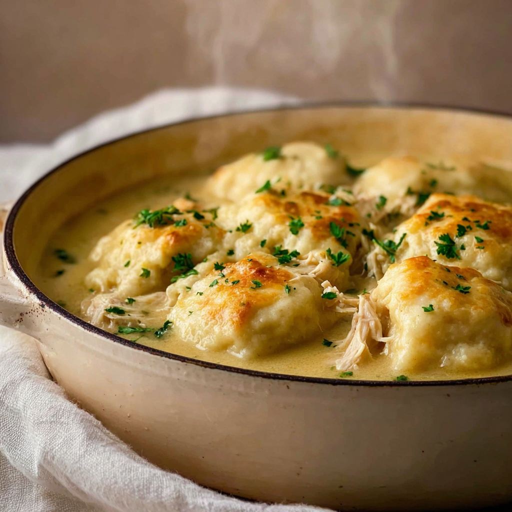 A bowl of chicken and dumplings.