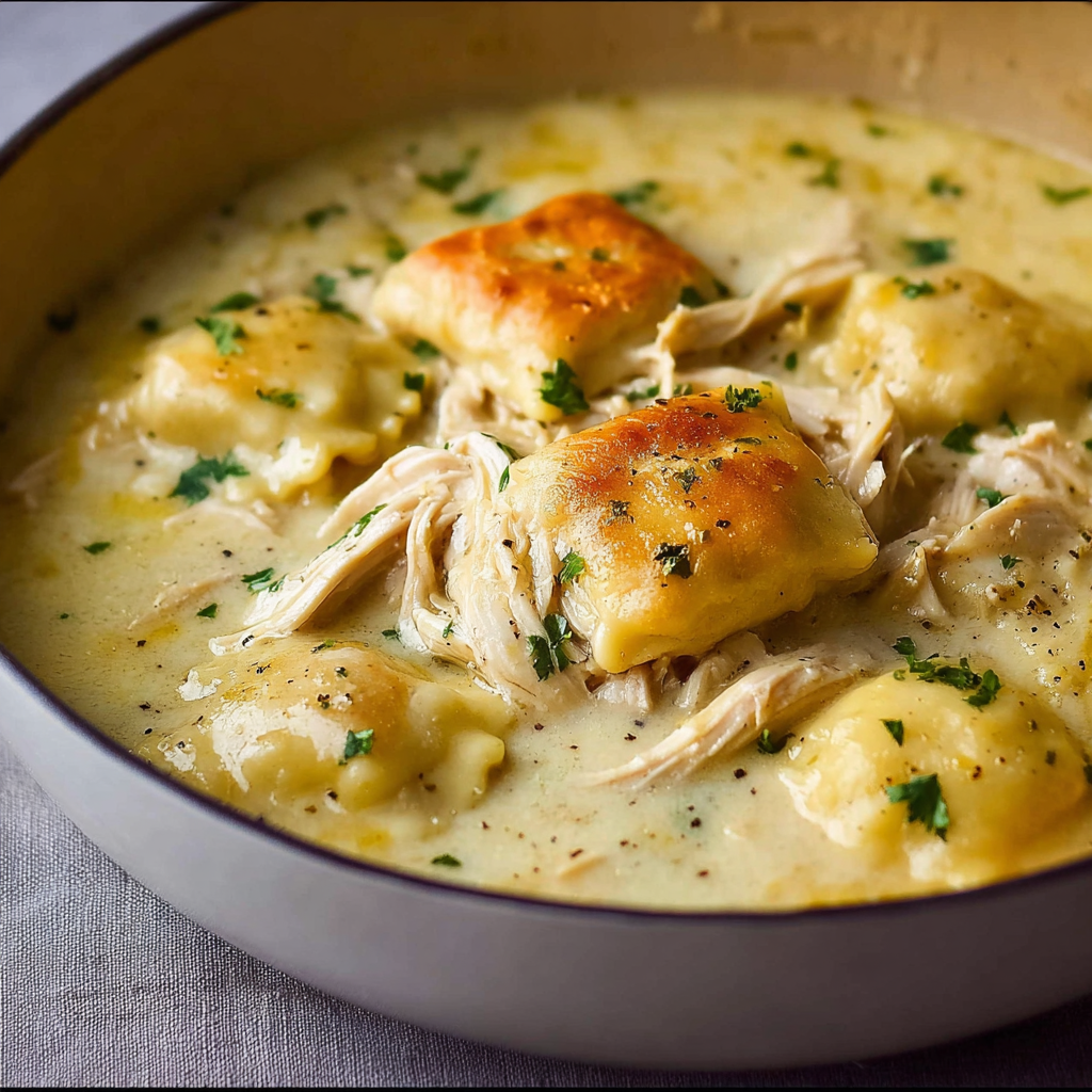 A bowl of chicken and dumplings.