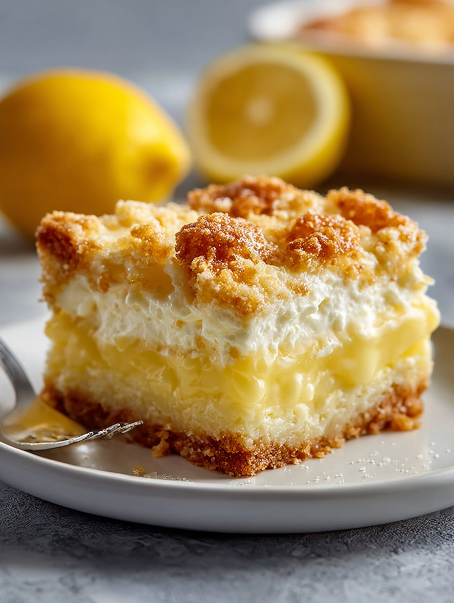 A slice of lemon cream cheese dump cake.