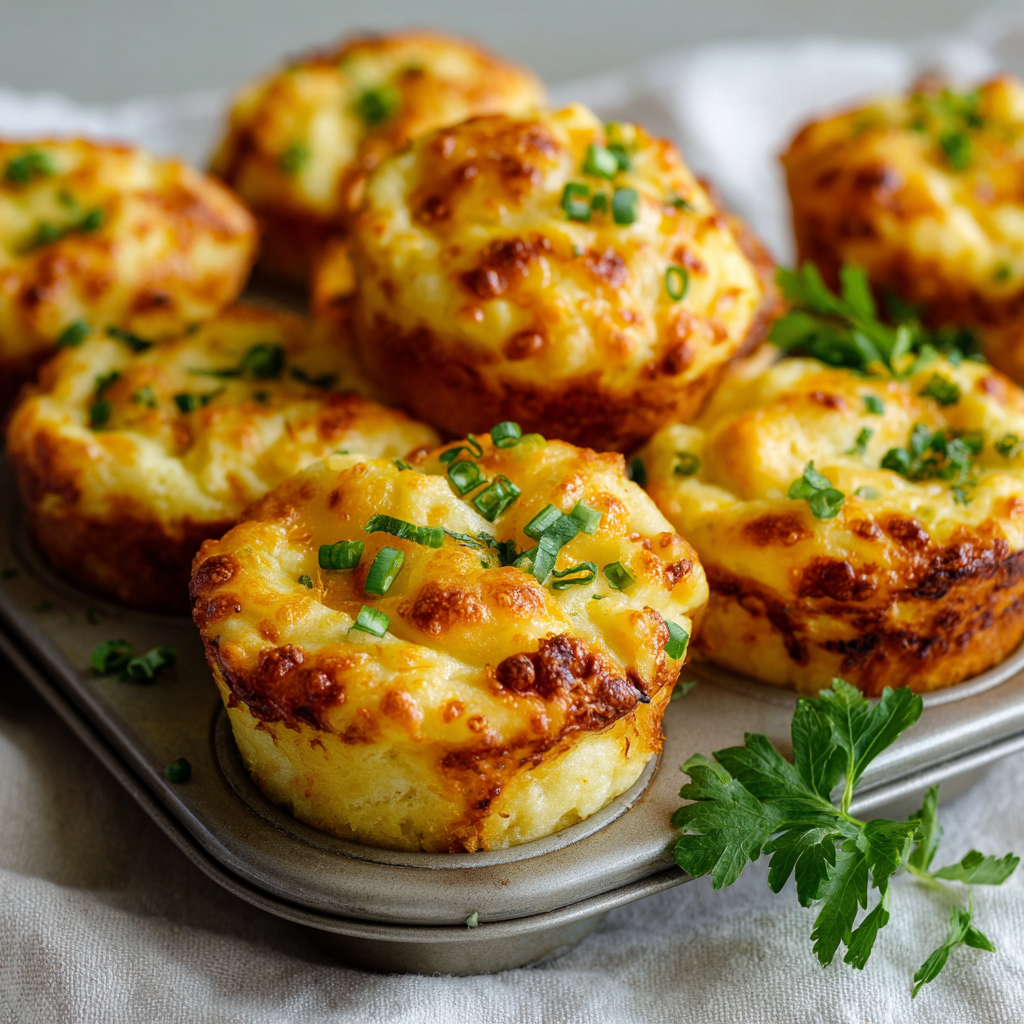 A tray of cheesy mashed potato muffins.