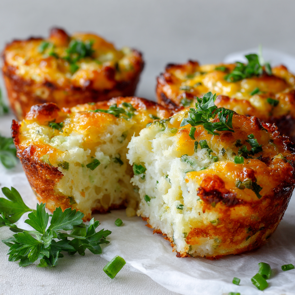 A close up of a cheesy mashed potato muffin.