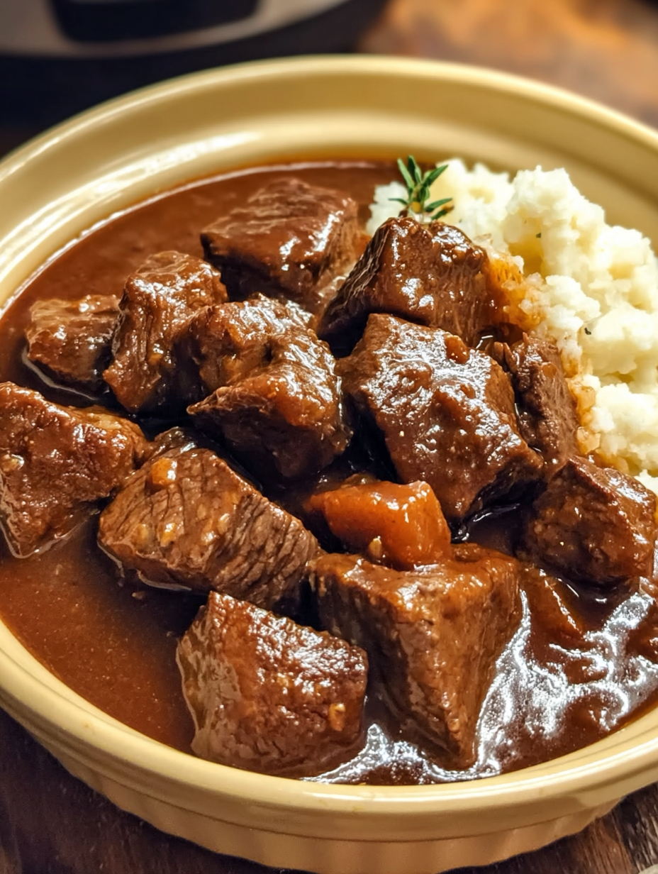 A bowl of beef tips and gravy.