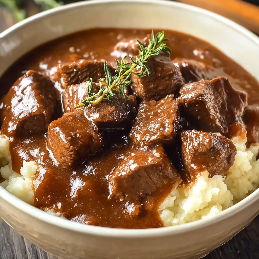 A bowl of beef tips and gravy.