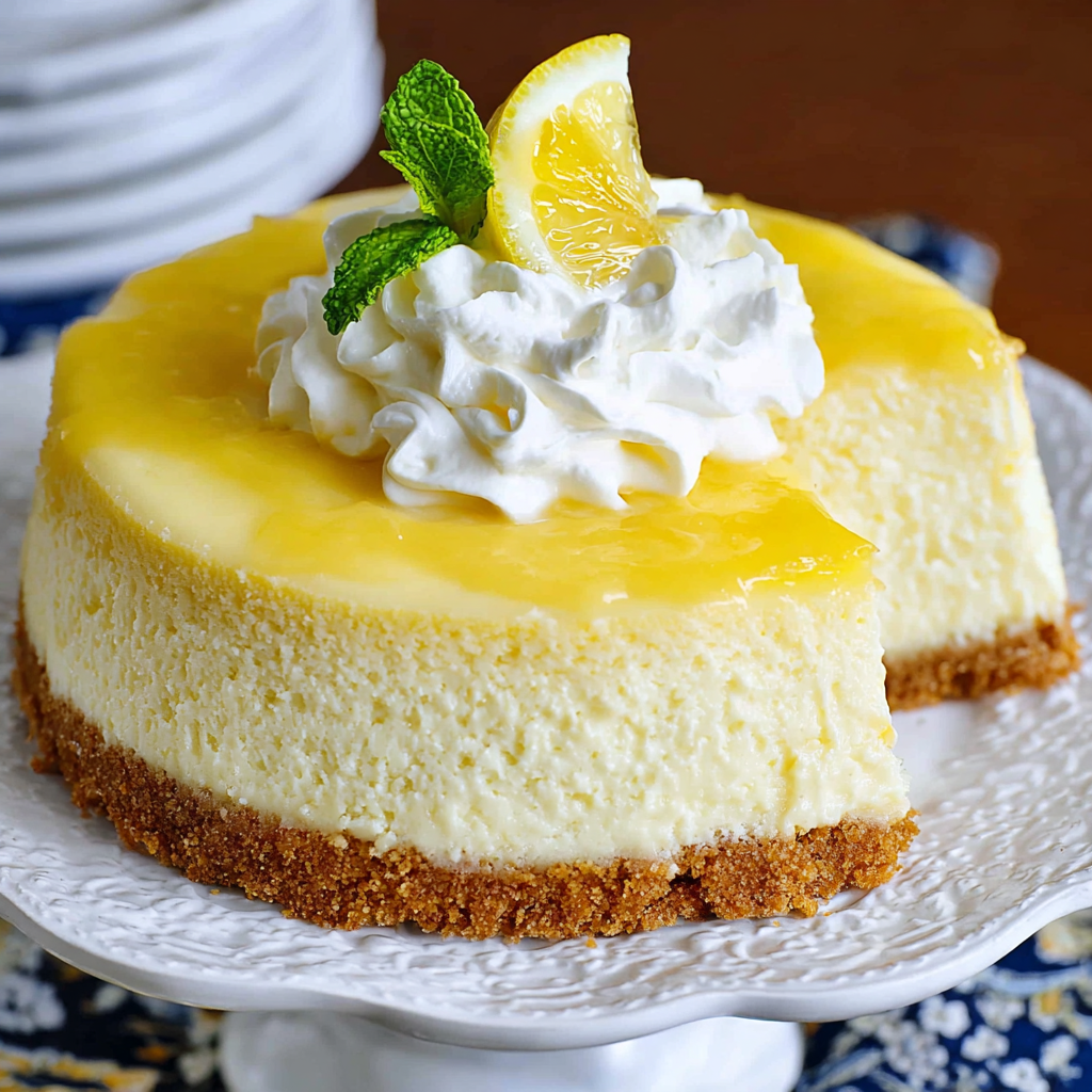 A slice of lemon cheesecake on a plate.
