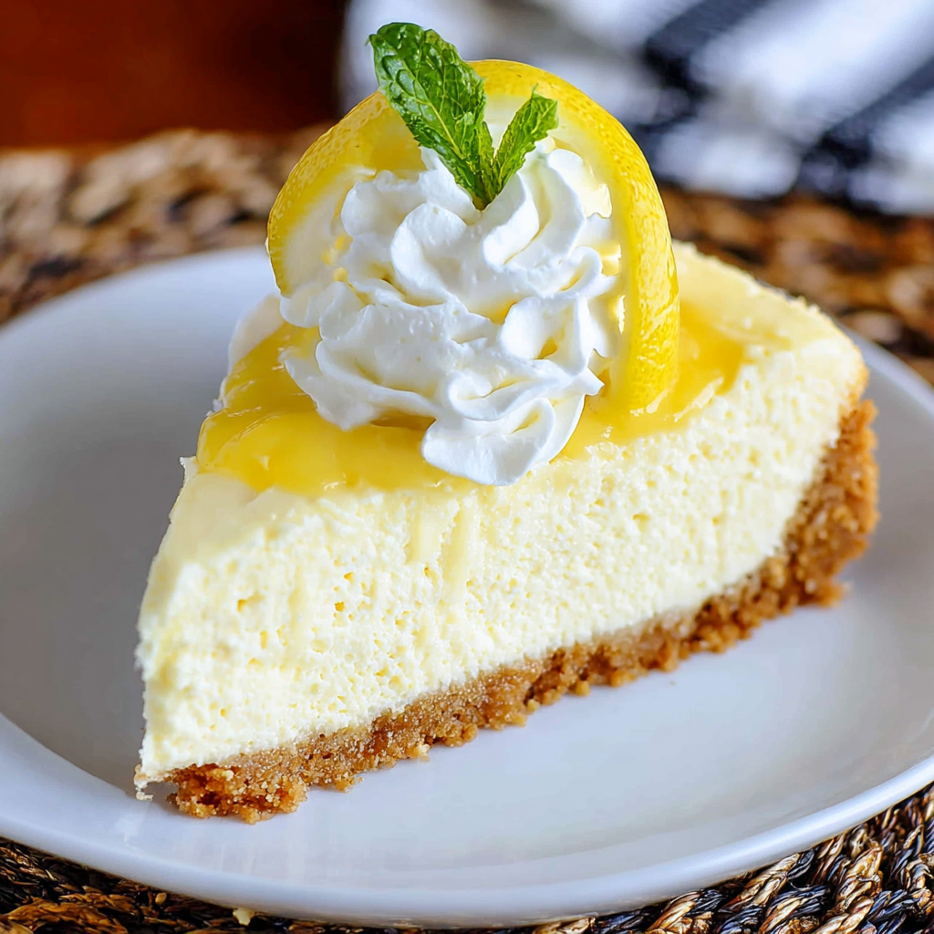 A slice of lemon cheesecake on a plate.