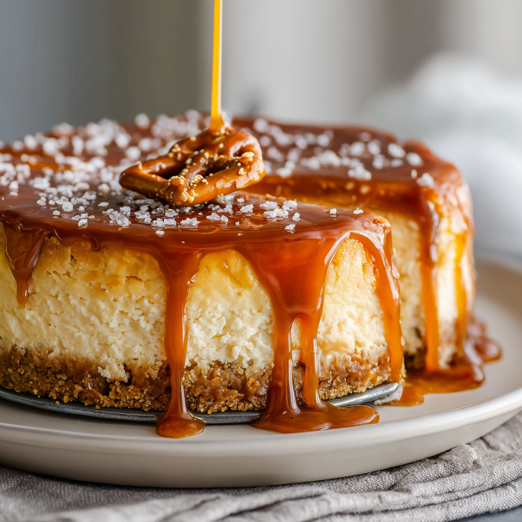 A slice of salted caramel pretzel cheesecake.