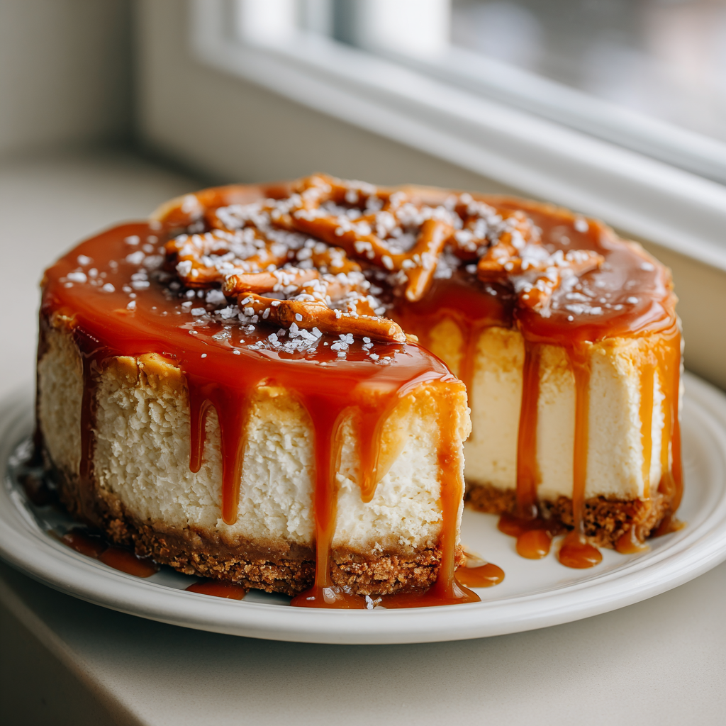 A slice of salted caramel pretzel cheesecake.