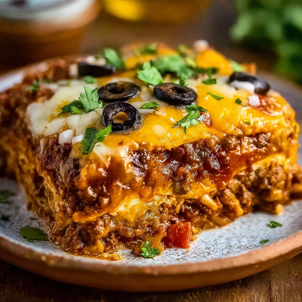 A slice of beef enchilada casserole with olives and cheese.