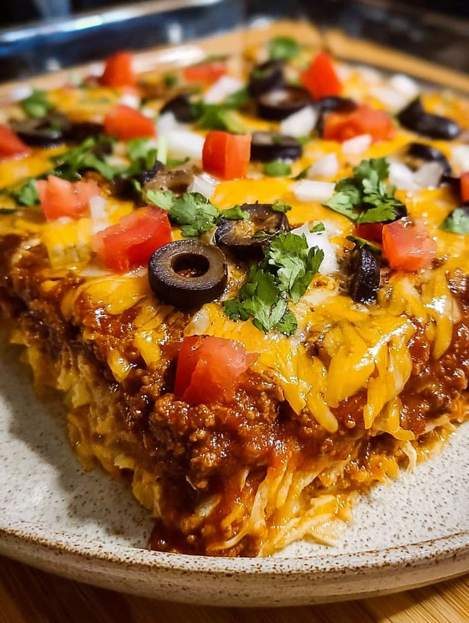 A close up of a beef enchilada casserole.