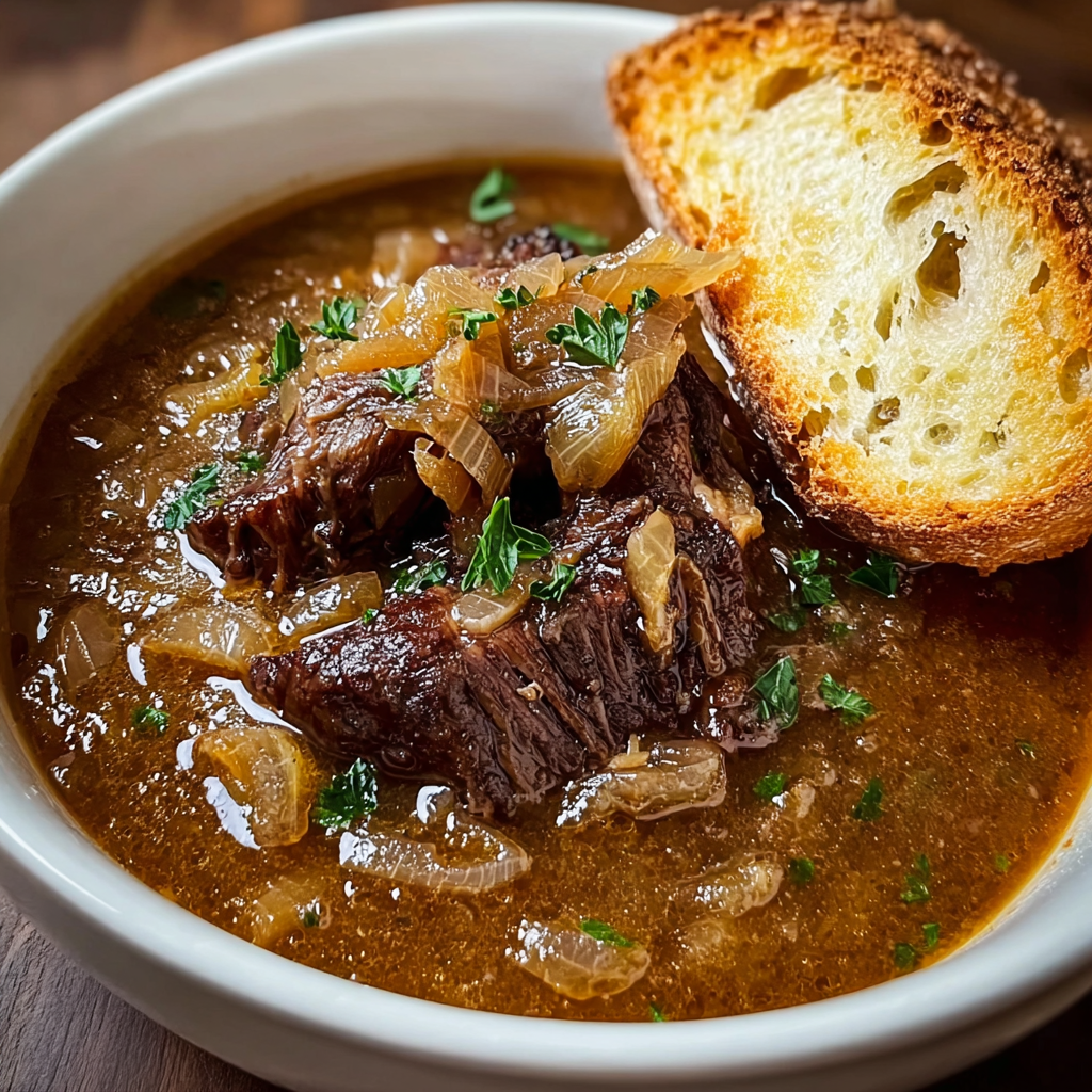 A bowl of French Onion Beef Short Rib Soup.
