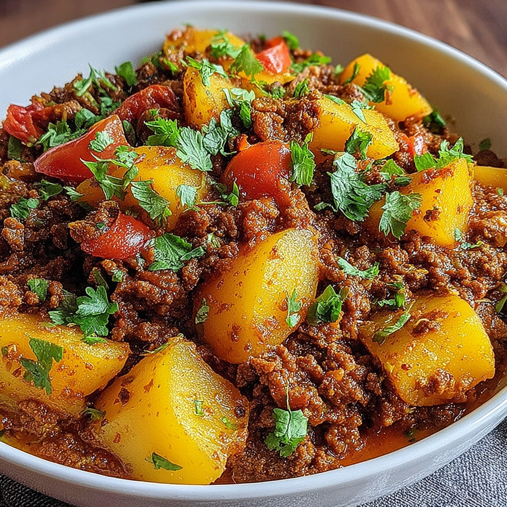 A bowl of aloo keema ground meat with potatoes.