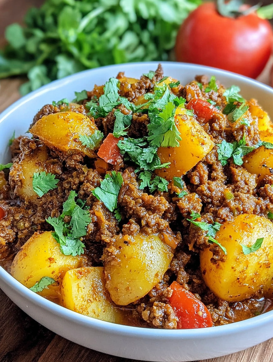 A bowl of aloo keema ground meat with potatoes.