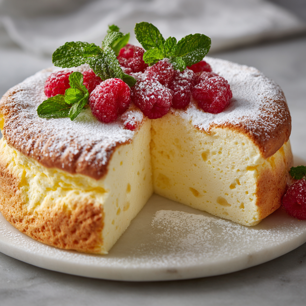 A slice of light and fluffy yogurt cloud cake.