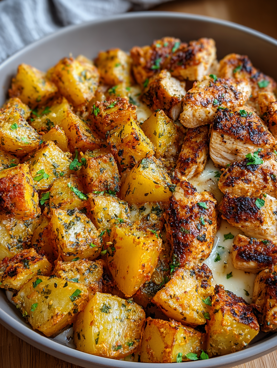 A dish of chicken and potatoes with garlic and Parmesan cheese.