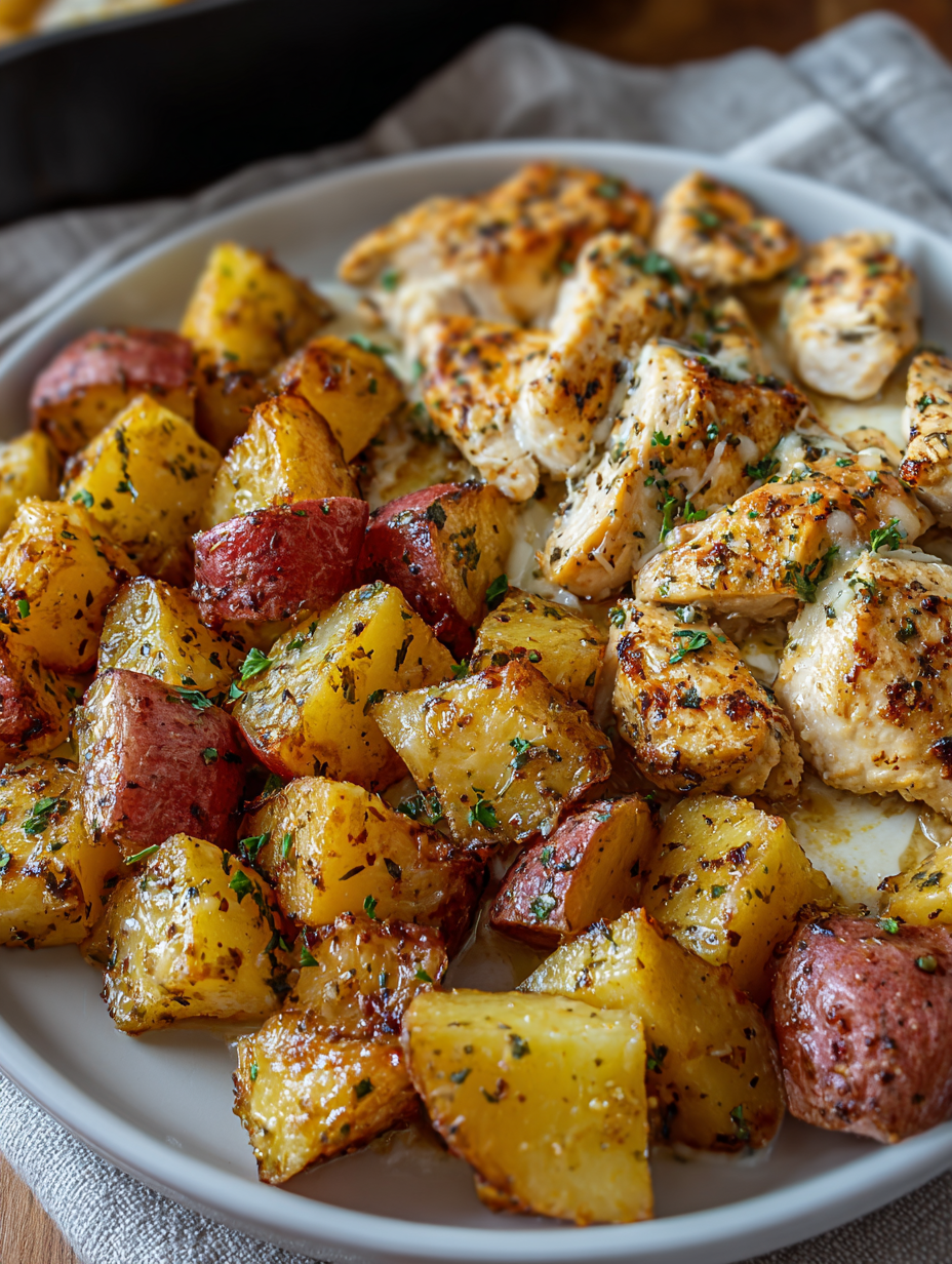 A plate of food with chicken and potatoes.