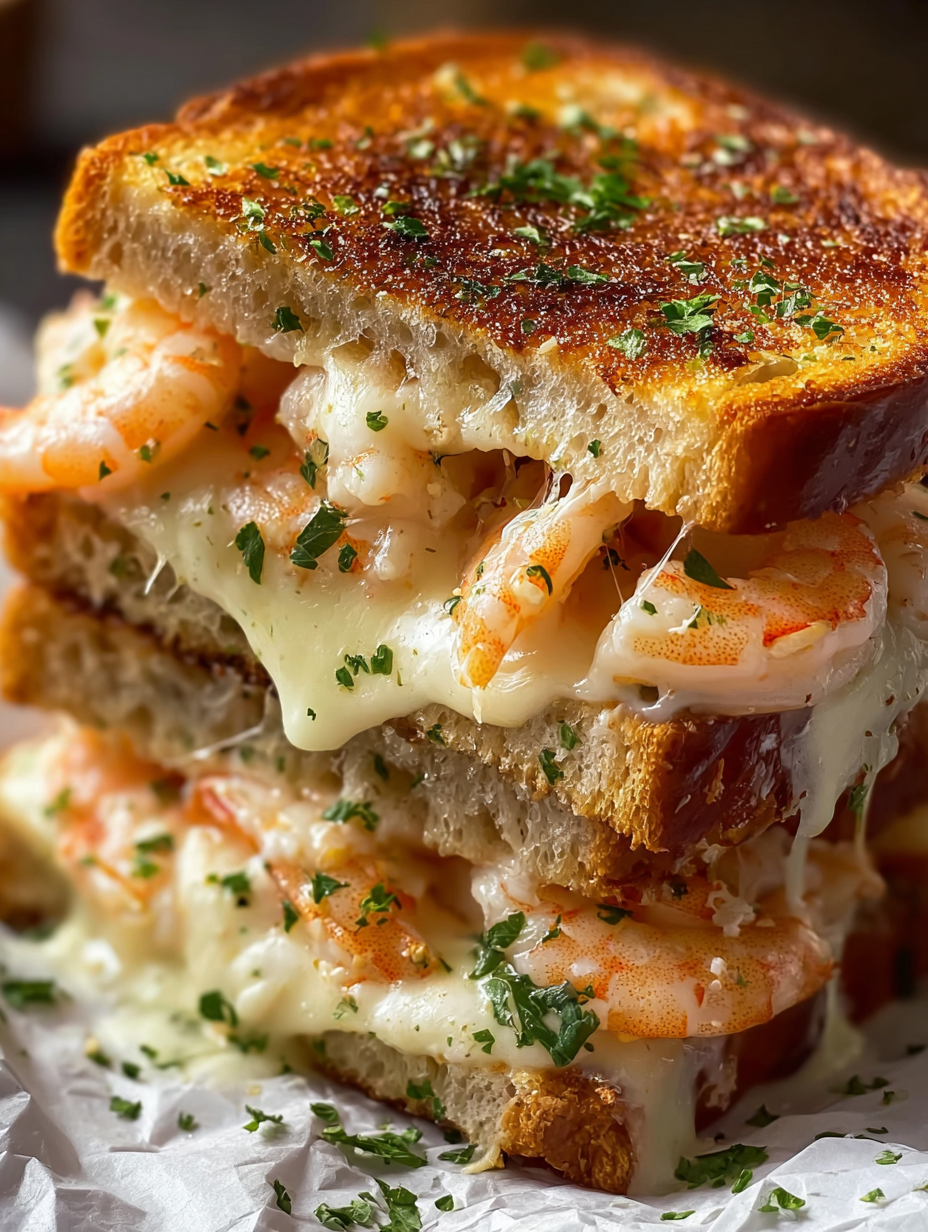 A stack of grilled cheese sandwiches with shrimp.