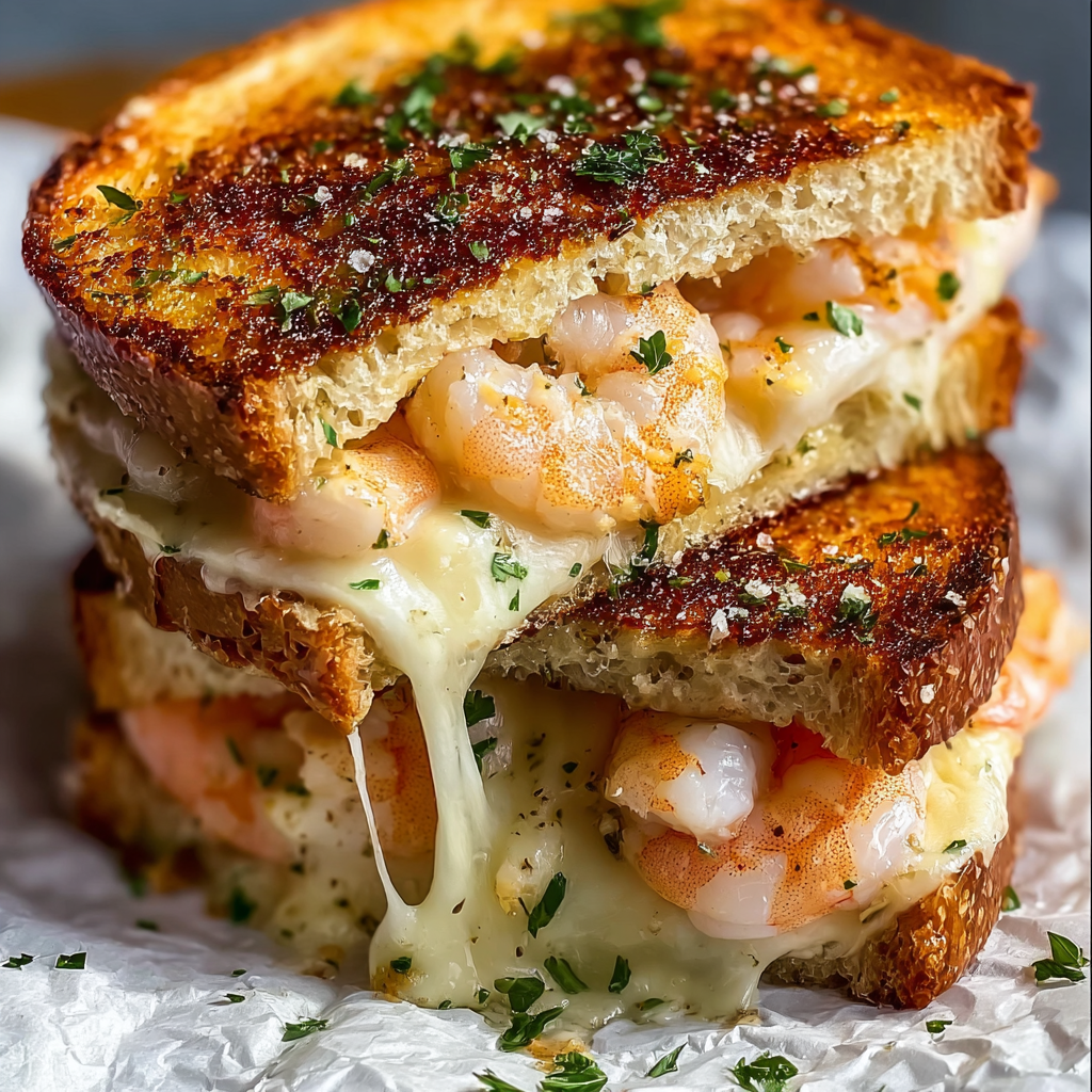 A gourmet grilled cheese sandwich with shrimp on top.