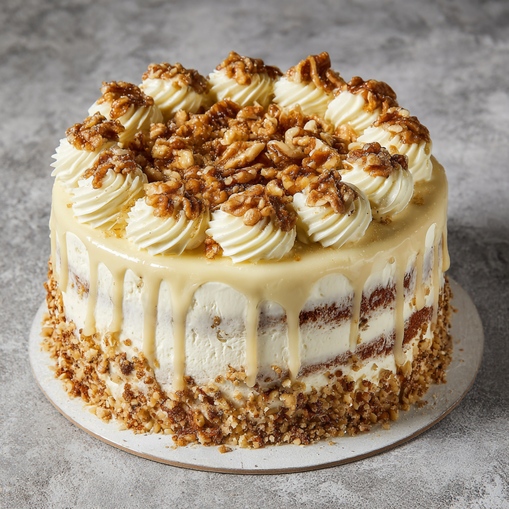 A slice of banana walnut cream cake.