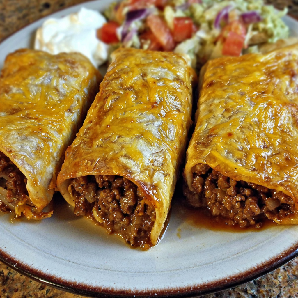 Three easy crispy beef and cheese chimichangas.