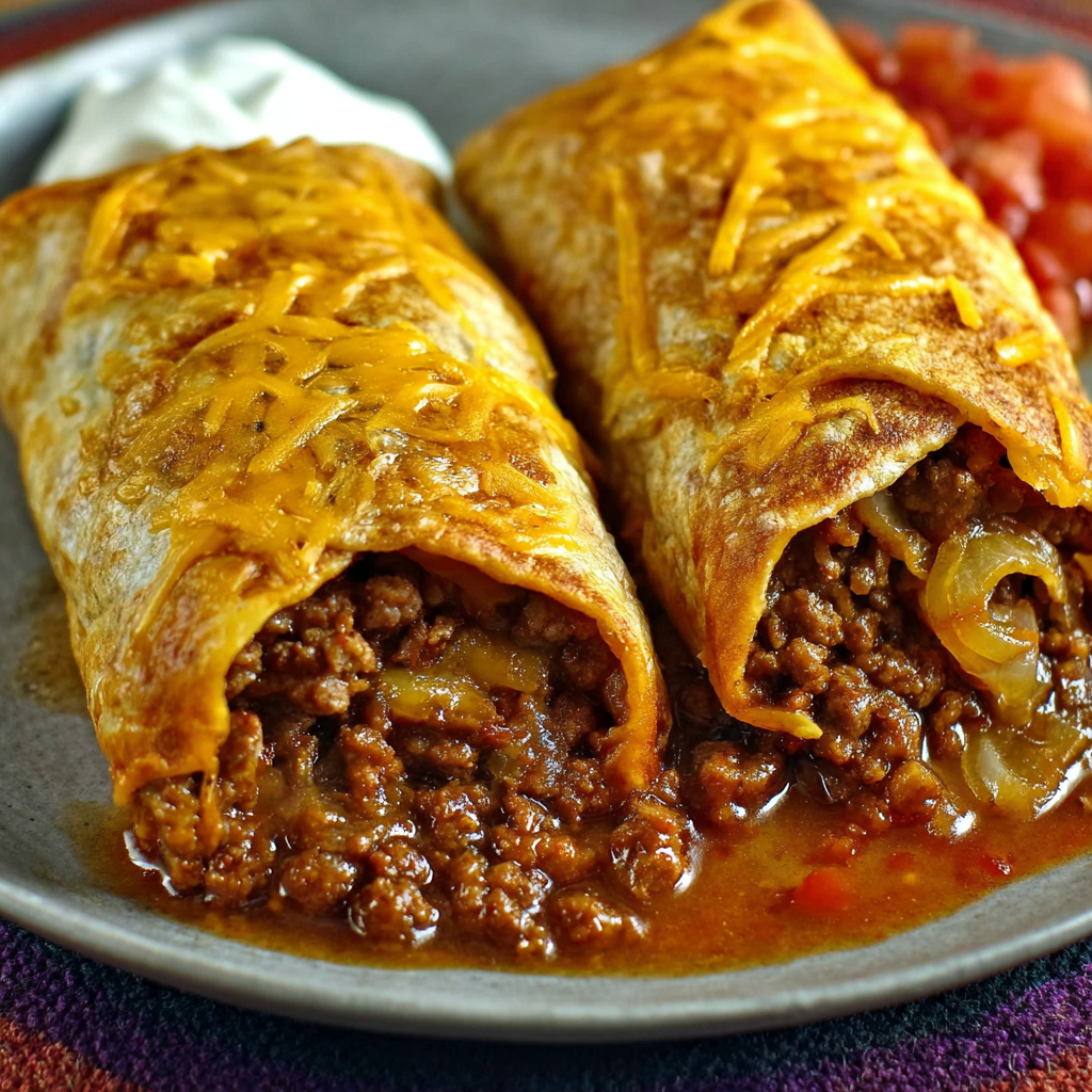 Two easy crispy beef and cheese chimichangas.