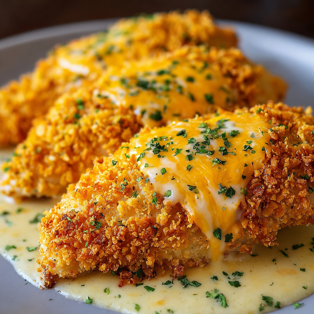 A plate of chicken covered in cheese and mayonnaise.