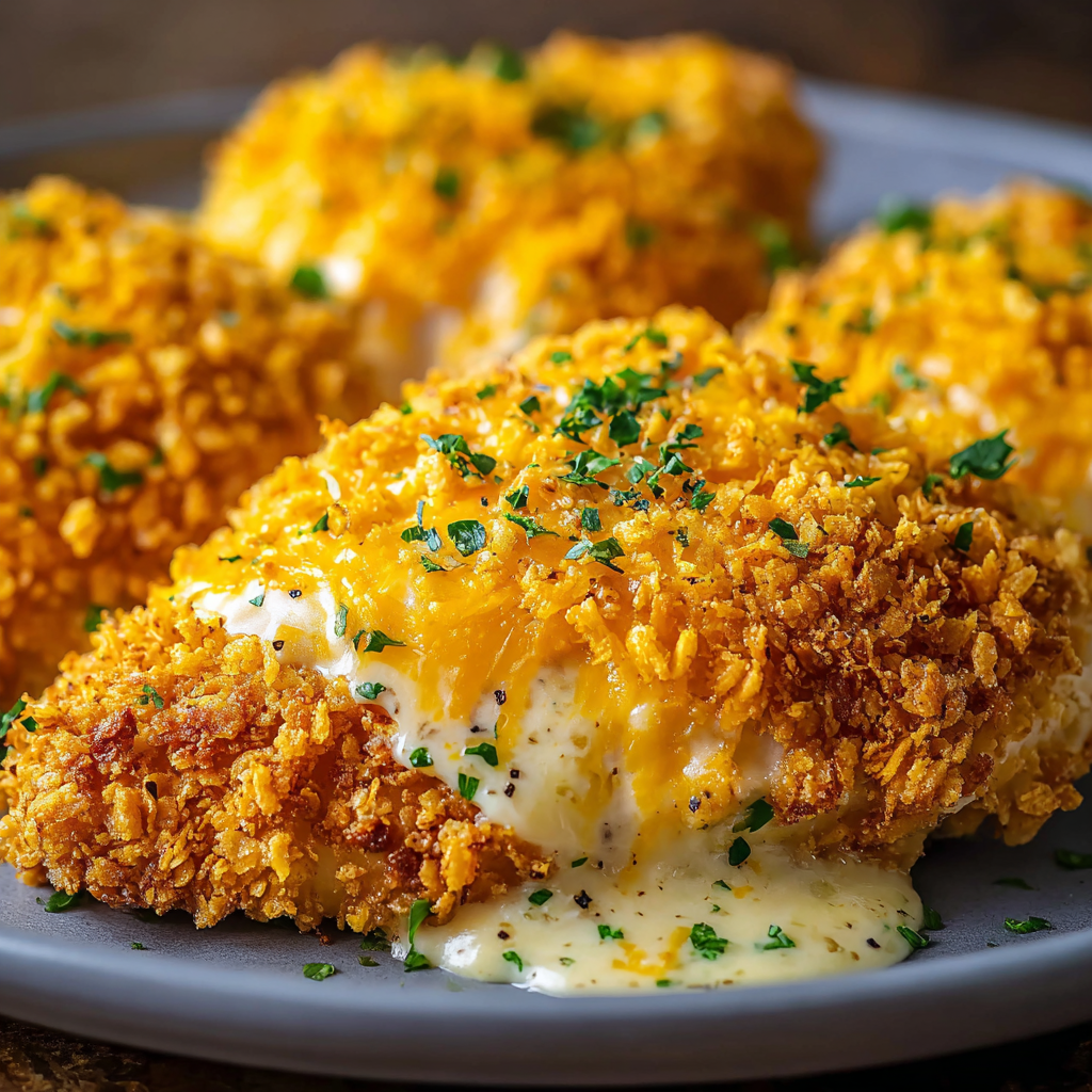 A plate of chicken covered in cheese and mayonnaise.