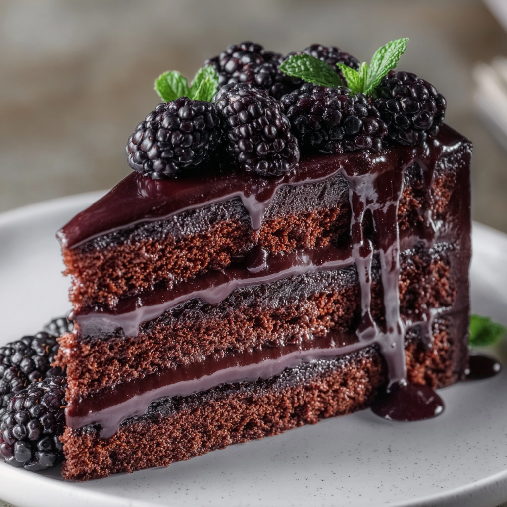 A slice of chocolate cake with blackberries on top.