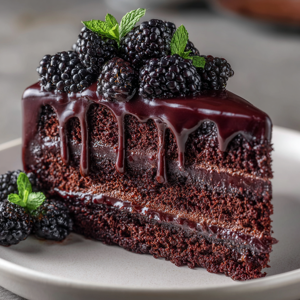 A slice of chocolate cake with chocolate drizzle and mint leaves.