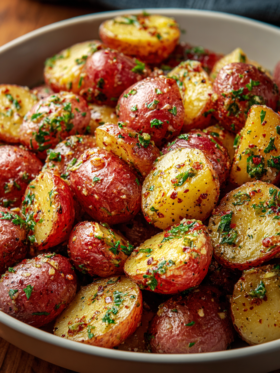 A bowl of crispy garlic parmesan crusted potatoes.