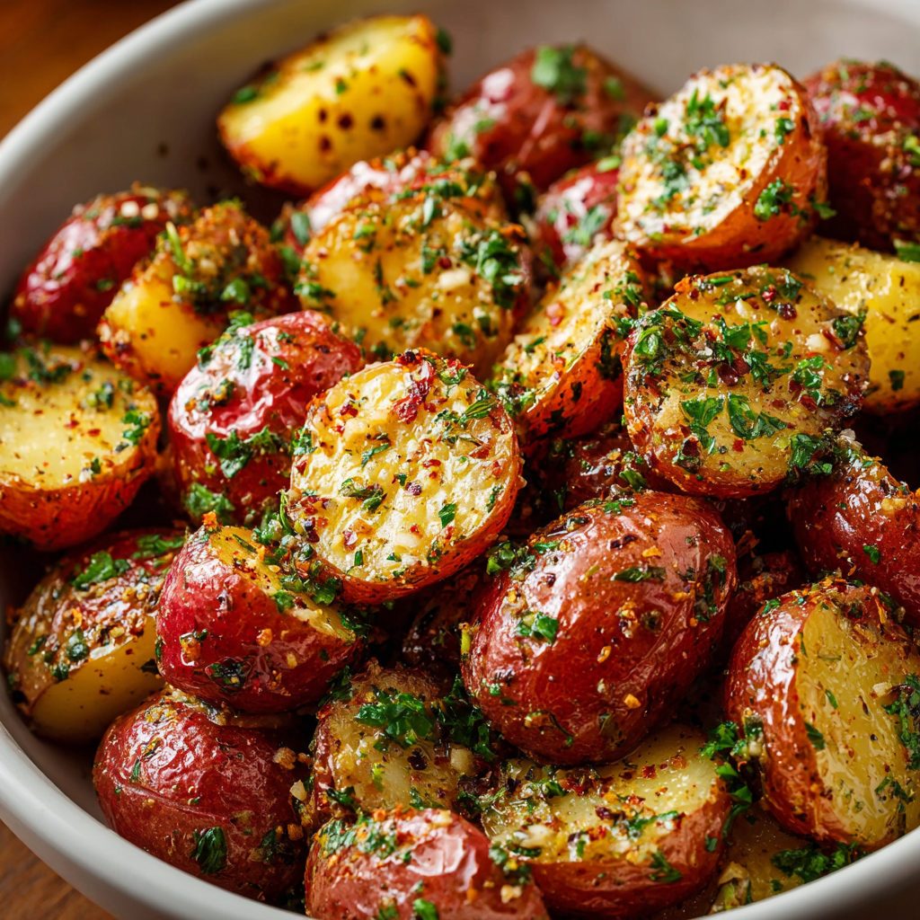 A bowl of crispy garlic parmesan crusted potatoes.