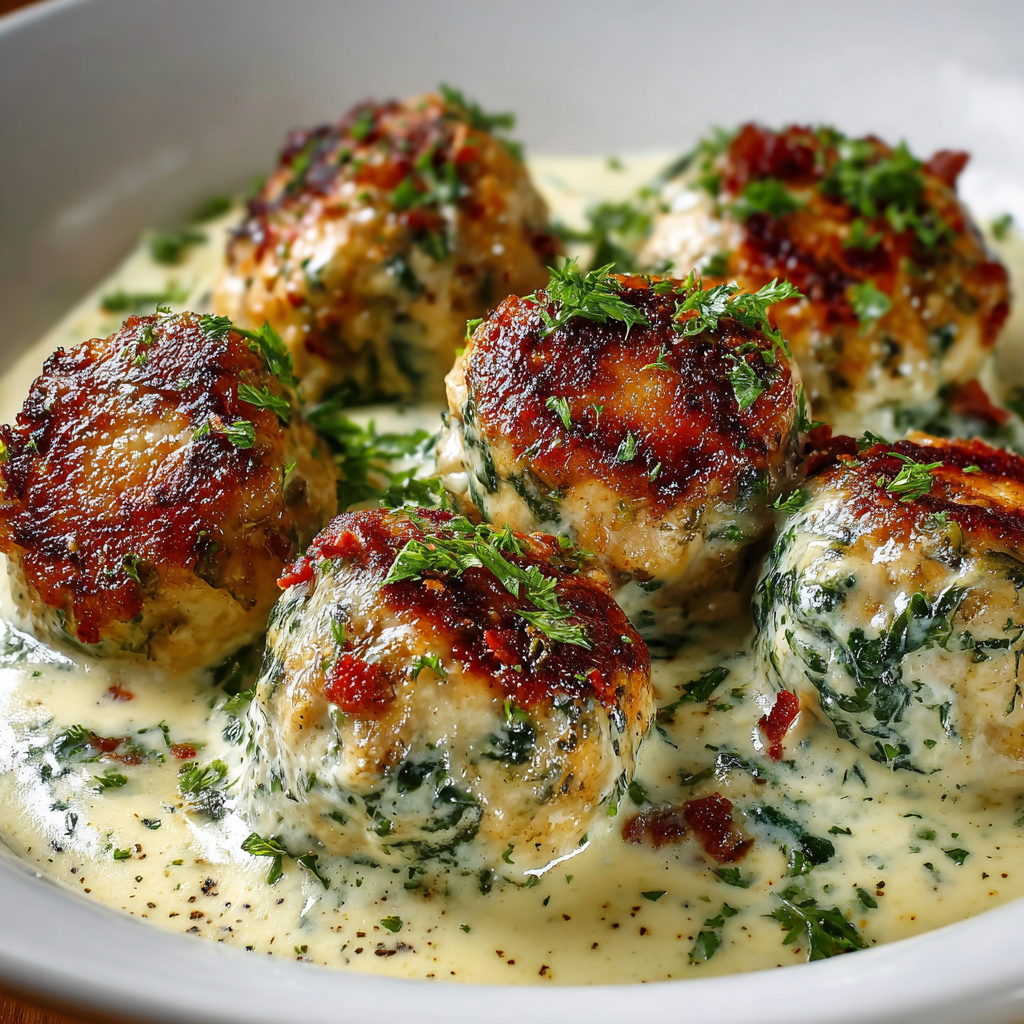 A plate of meatballs covered in a creamy sauce.