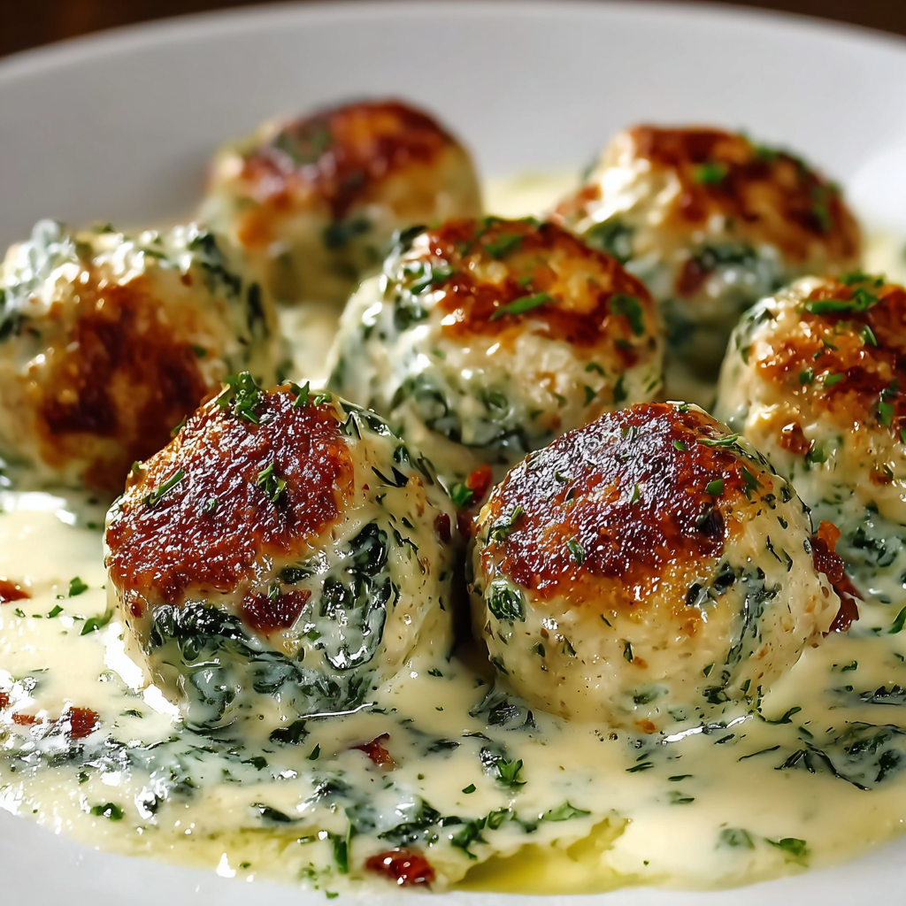 A plate of delicious baked chicken ricotta meatballs smothered in creamy spinach alfredo sauce.