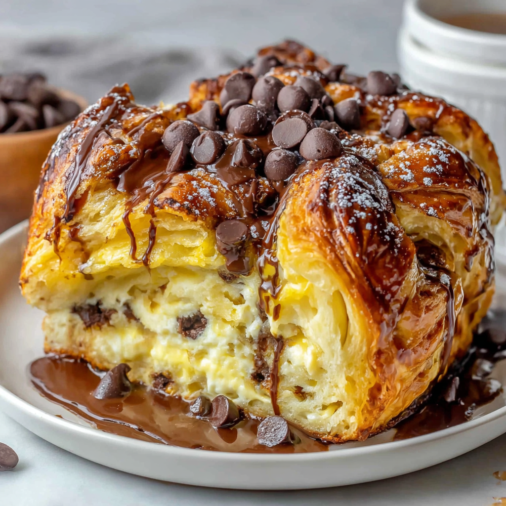 A chocolate croissant with chocolate drizzled on top.