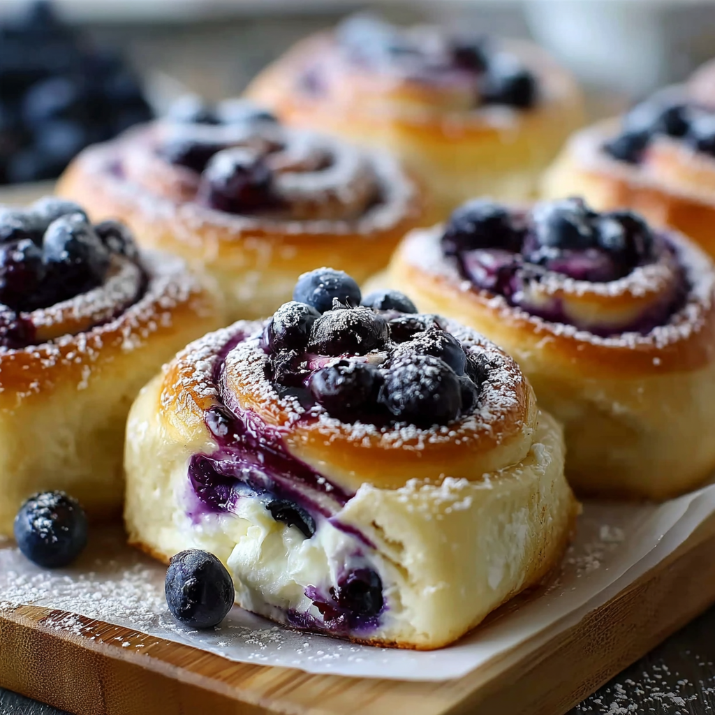 Blueberry cheesecake swirl rolls on a wooden tray.