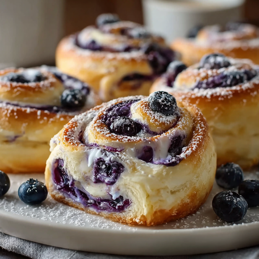 Blueberry cheesecake swirl rolls on a plate.