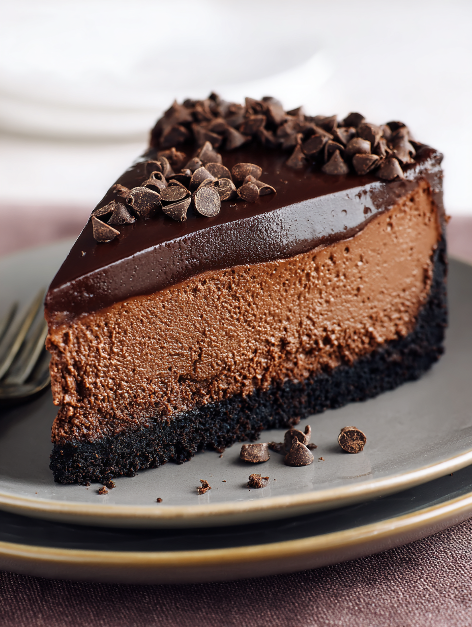 A slice of chocolate cheesecake with chocolate chips on top.