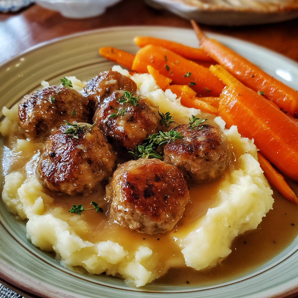 A plate of meatballs and mashed potatoes.