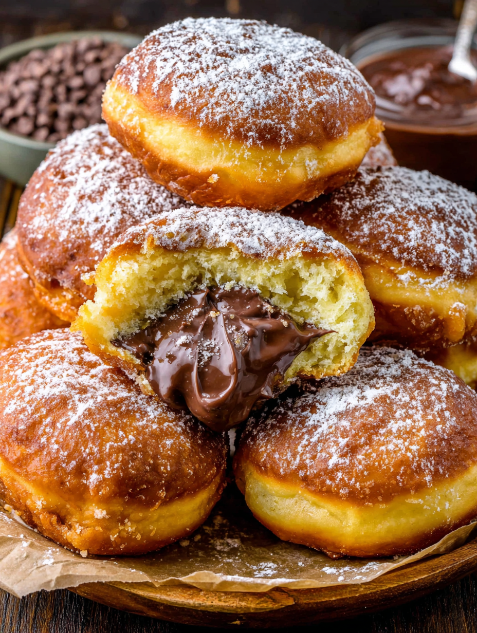 Chocolate custard brioche donuts with powdered sugar.