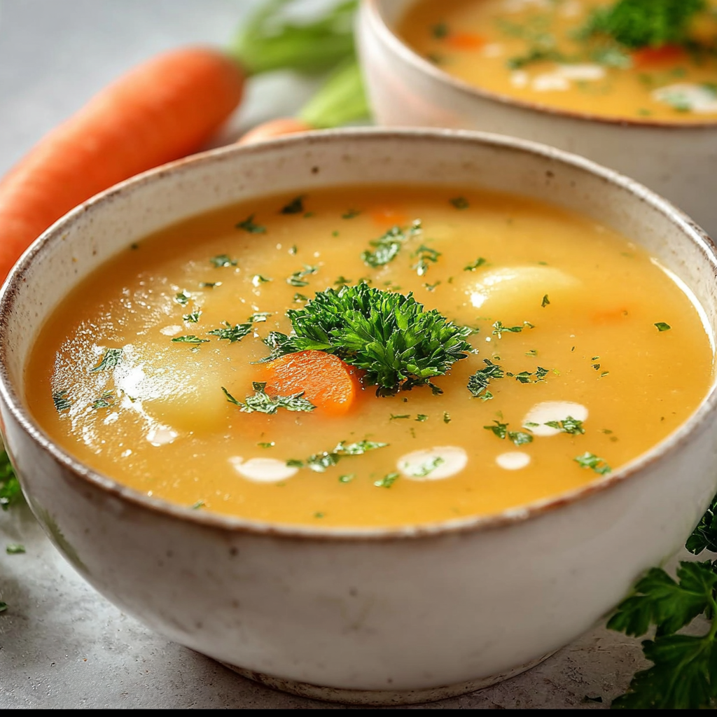 Two bowls of creamy potato carrot soup.
